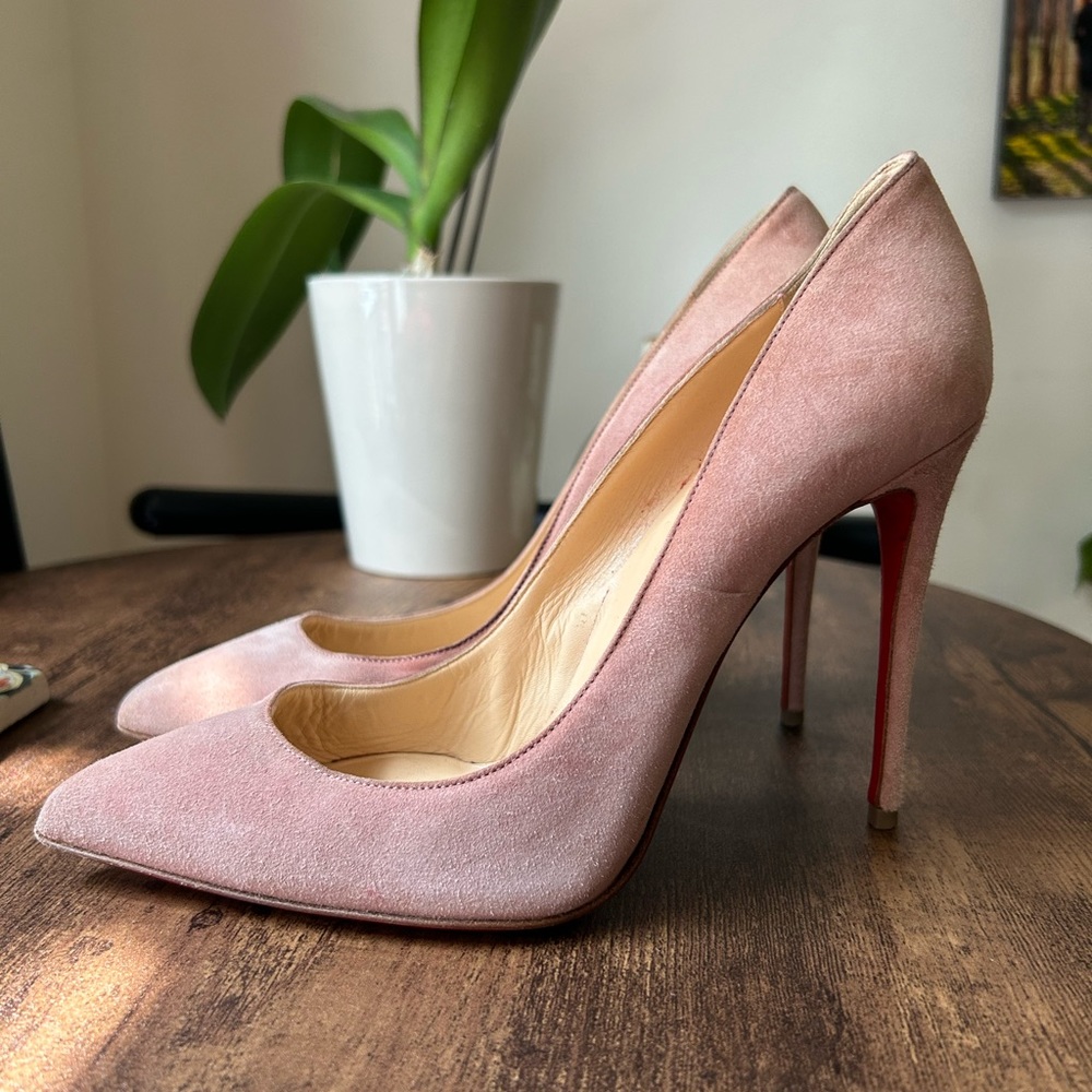 Rose suede Loubiton heels worn twice.